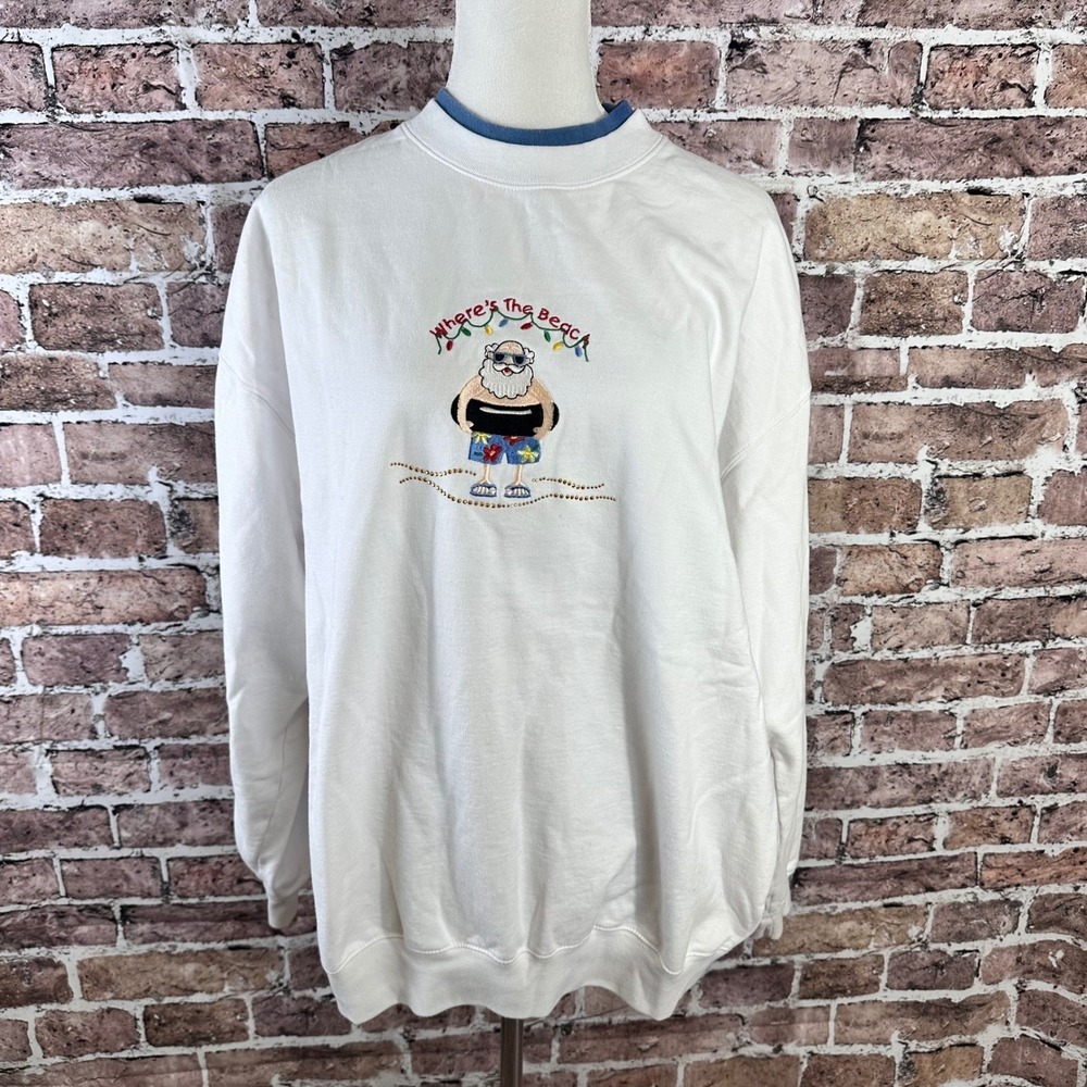 MC Sportswear White Santa Claus Beach Christmas Embroidered Sweatshirt 2X